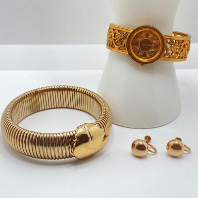 LOT 110: Metropolitan Museum of Art Watch, Van Dell Gold Filled Screw Back Earrings and Gold Tone Chain Link Rhinestone Necklace and More
