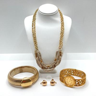 LOT 110: Metropolitan Museum of Art Watch, Van Dell Gold Filled Screw Back Earrings and Gold Tone Chain Link Rhinestone Necklace and More