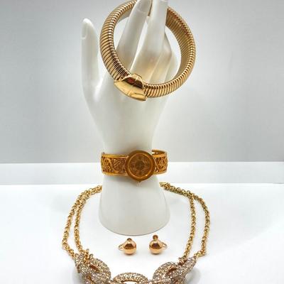 LOT 110: Metropolitan Museum of Art Watch, Van Dell Gold Filled Screw Back Earrings and Gold Tone Chain Link Rhinestone Necklace and More