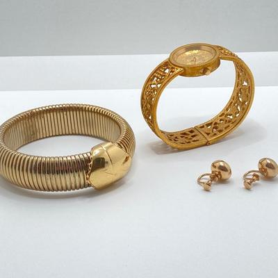 LOT 110: Metropolitan Museum of Art Watch, Van Dell Gold Filled Screw Back Earrings and Gold Tone Chain Link Rhinestone Necklace and More