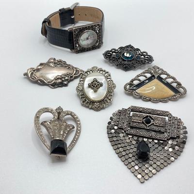 LOT 114: Collection of Vintage Brooch / Pins and Boma Mother of Pearl Marcasite Watch