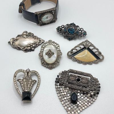 LOT 114: Collection of Vintage Brooch / Pins and Boma Mother of Pearl Marcasite Watch