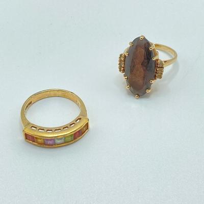 LOT 116: Sterling / Gold Vermeil and Gemstone Ring Sz 7.5, TW 3.3g and Roman Gold Plated 10KP Marquis Smoky Quartz Ring Sz 5.75