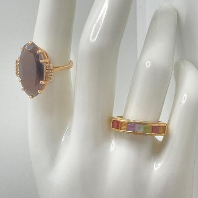 LOT 116: Sterling / Gold Vermeil and Gemstone Ring Sz 7.5, TW 3.3g and Roman Gold Plated 10KP Marquis Smoky Quartz Ring Sz 5.75