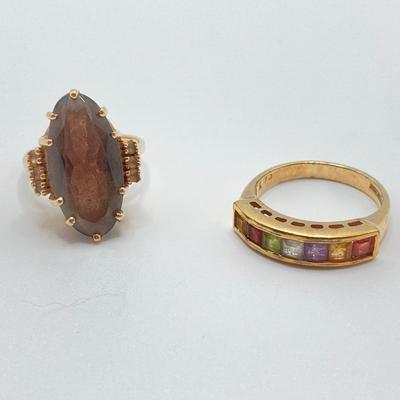 LOT 116: Sterling / Gold Vermeil and Gemstone Ring Sz 7.5, TW 3.3g and Roman Gold Plated 10KP Marquis Smoky Quartz Ring Sz 5.75