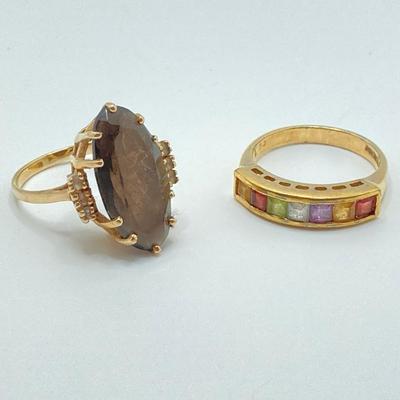 LOT 116: Sterling / Gold Vermeil and Gemstone Ring Sz 7.5, TW 3.3g and Roman Gold Plated 10KP Marquis Smoky Quartz Ring Sz 5.75