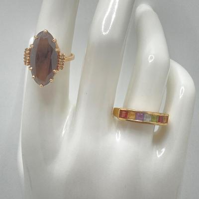 LOT 116: Sterling / Gold Vermeil and Gemstone Ring Sz 7.5, TW 3.3g and Roman Gold Plated 10KP Marquis Smoky Quartz Ring Sz 5.75