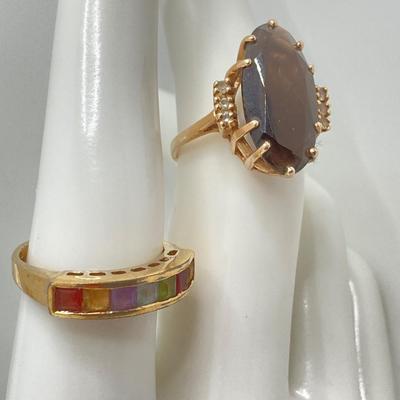 LOT 116: Sterling / Gold Vermeil and Gemstone Ring Sz 7.5, TW 3.3g and Roman Gold Plated 10KP Marquis Smoky Quartz Ring Sz 5.75