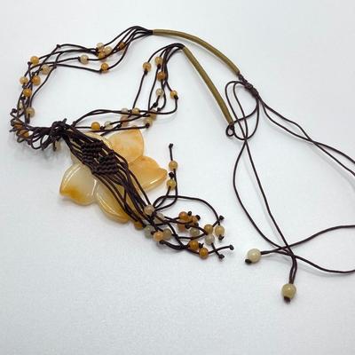 LOT 122: Unique Vintage Carved Floral Stone / Beaded Adjustable Necklaces