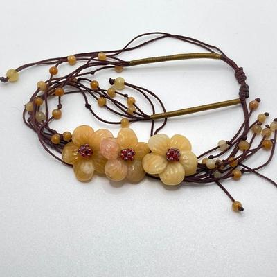 LOT 122: Unique Vintage Carved Floral Stone / Beaded Adjustable Necklaces