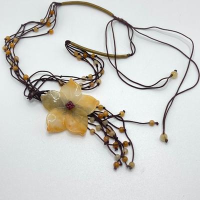 LOT 122: Unique Vintage Carved Floral Stone / Beaded Adjustable Necklaces