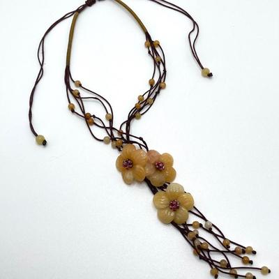 LOT 122: Unique Vintage Carved Floral Stone / Beaded Adjustable Necklaces