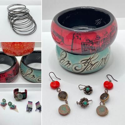 LOT 124: Vintage Jewelry Collection - Lacquer Bangle Bracelets, Hand Crafted Jewelry, Bangle Bracelets, Pierced Earrings and More