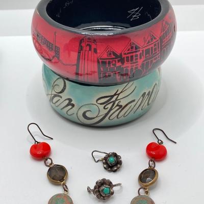 LOT 124: Vintage Jewelry Collection - Lacquer Bangle Bracelets, Hand Crafted Jewelry, Bangle Bracelets, Pierced Earrings and More