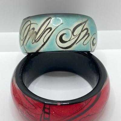 LOT 124: Vintage Jewelry Collection - Lacquer Bangle Bracelets, Hand Crafted Jewelry, Bangle Bracelets, Pierced Earrings and More