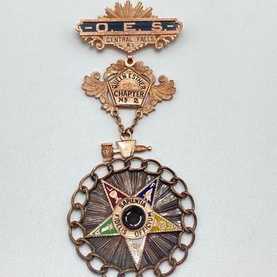 LOT 127: Antique 1909 Order of the Eastern Star Queen Esther Large Eastern Star Medal Pin with Small Enamel Free Mason Collar Pin in...