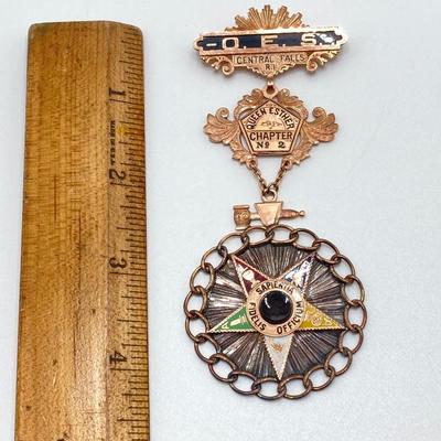 LOT 127: Antique 1909 Order of the Eastern Star Queen Esther Large Eastern Star Medal Pin with Small Enamel Free Mason Collar Pin in...