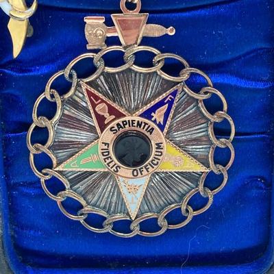 LOT 127: Antique 1909 Order of the Eastern Star Queen Esther Large Eastern Star Medal Pin with Small Enamel Free Mason Collar Pin in...