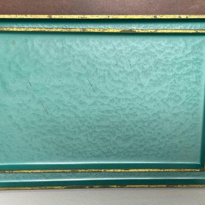 Set of 2 Mid-century Moire Glaze Kyes Serving Trays Green-Blue Turquoise and gold