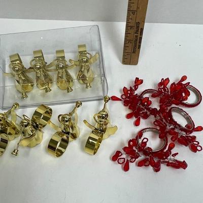 Napkin Ring Lot - 8 brass angels with trumpets and 4 red beaded rings