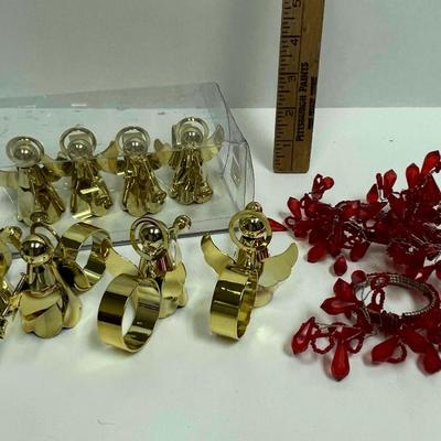 Napkin Ring Lot - 8 brass angels with trumpets and 4 red beaded rings