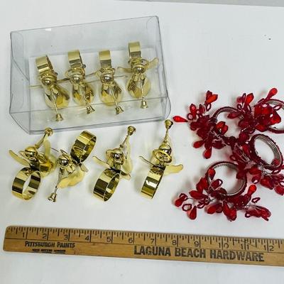 Napkin Ring Lot - 8 brass angels with trumpets and 4 red beaded rings