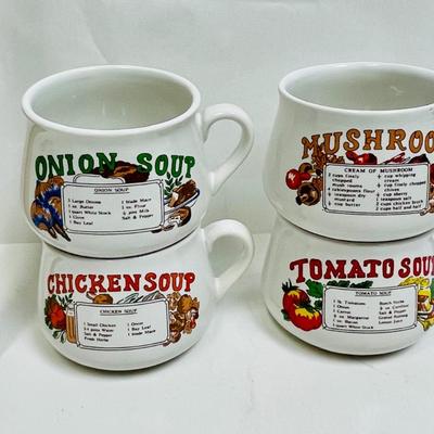 Retro 1970's Ceramic Soup Bowls with a different recipe on the side, set of 4 - Onion, Mushroom, Chicken, Tomato