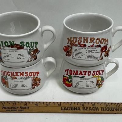 Retro 1970's Ceramic Soup Bowls with a different recipe on the side, set of 4 - Onion, Mushroom, Chicken, Tomato