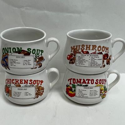 Retro 1970's Ceramic Soup Bowls with a different recipe on the side, set of 4 - Onion, Mushroom, Chicken, Tomato