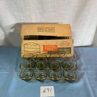 Vintage Libbey Olive Glass Set With Caddy