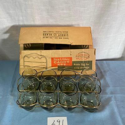 Vintage Libbey Olive Glass Set With Caddy