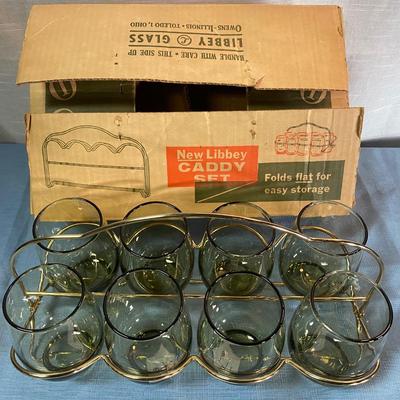 Vintage Libbey Olive Glass Set With Caddy