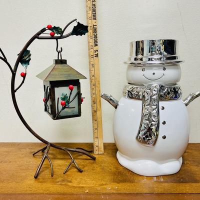 Slatkin & Co. Snowman Cookie Jar and small Hanging Lantern with stand