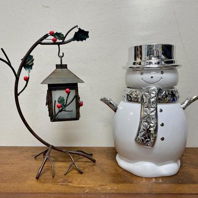 Slatkin & Co. Snowman Cookie Jar and small Hanging Lantern with stand