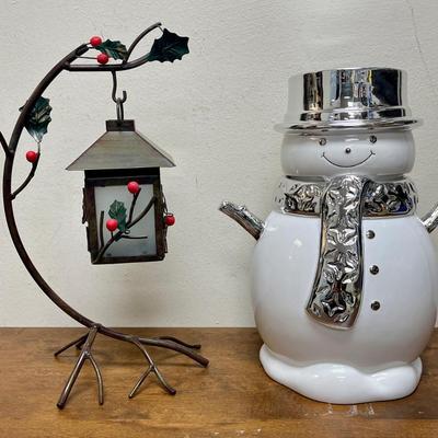 Slatkin & Co. Snowman Cookie Jar and small Hanging Lantern with stand