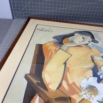"Asian Woman w/Lillies Watercolor, Framed Matted