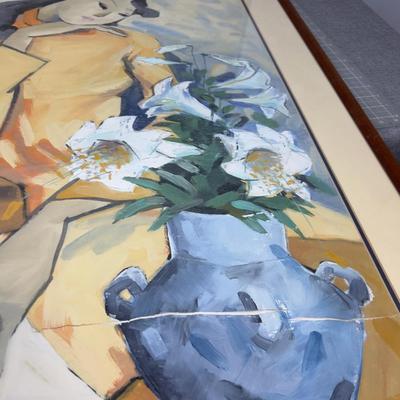 "Asian Woman w/Lillies Watercolor, Framed Matted