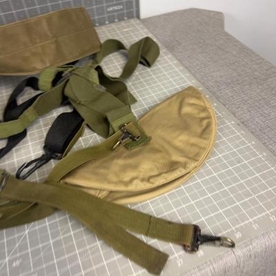 Pile of Misc. Army Gear; Suspenders & Duffel Bag