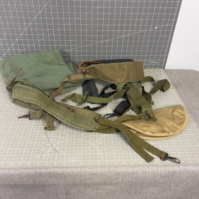 Pile of Misc. Army Gear; Suspenders & Duffel Bag