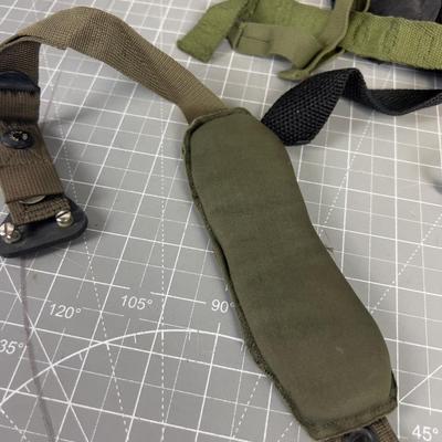 Pile of Misc. Army Gear; Suspenders & Duffel Bag