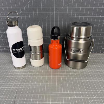 Lot of Thermos and Water Bottles. 
