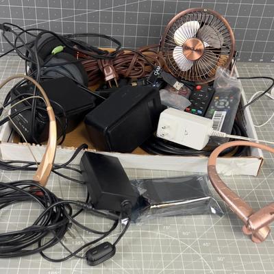 Tray of home Do Das: Remote, Fan, batteries etc.