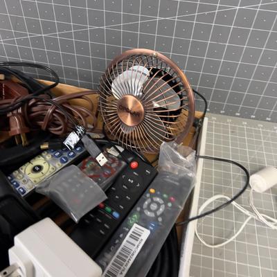 Tray of home Do Das: Remote, Fan, batteries etc.