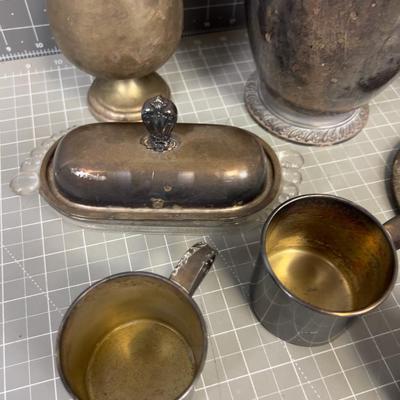 Silver Plated Cups, butter Dish,  Large Water Pitcher and more