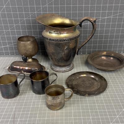Silver Plated Cups, butter Dish,  Large Water Pitcher and more