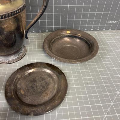 Silver Plated Cups, butter Dish,  Large Water Pitcher and more