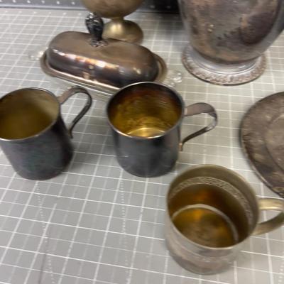 Silver Plated Cups, butter Dish,  Large Water Pitcher and more