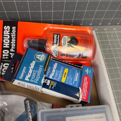 Tray of Outdoor Items: Bug Spray, Safety Glass,  etc.