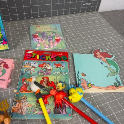 Pile of Vintage Little Mermaid: Stickers, Figurine, Pencils