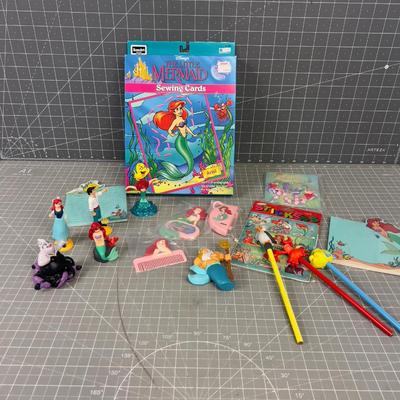 Pile of Vintage Little Mermaid: Stickers, Figurine, Pencils
